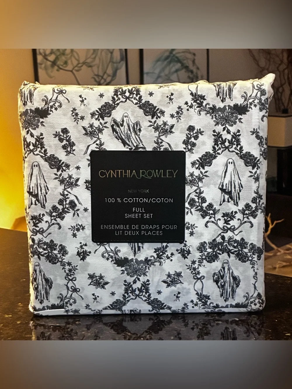 Cynthia Rowley Halloween Black & White Ghost Toile FULL‎ Sheet Set VIRAL Bedding